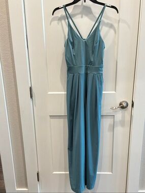 HALARA Small Teal V-Neck Wide-Leg Jumpsuit Side Zip Halter Top Style Pockets